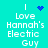 A turquoise background displays four identical text blocks reading "I Love Hannah's Electric Guy" with varying blue pixelated symbols above the first 'I' in each block.