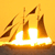 Pixelated image of a sailboat with three masts on a white base against a yellow background.