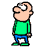 Pixelated cartoon character in green shirt and blue pants shown across four sequential poses with varying facial expressions.