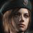 Static pixelated image of two figures in profile view against dark background, one with light brown hair, the other with short light hair, both facing right.