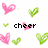 Pixelated pink and green heart shapes scattered across a white background with black text reading 'cheer', 'so', 'much', and 'louder' in a -like arrangement