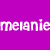 A split-screen image with a purple left section and white right section displaying the word 'melanie' in pixelated text.