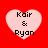 Four identical heart-shaped icons with text "Kair & Ryan" on a red background, each heart in light pink with black text.