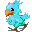 A 4-frame pixel art animation of a blue bird with an orange beak walking on gray ground, displayed in a 2x2 contact sheet layout against a solid gray background.