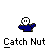 Pixelated character in blue outfit with white head performs sequential actions: arms raised, nut held, and 'YES!' text appears below.