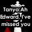 Black background with white text and red accents showing dialogue between Tanya, Edward, and Bella in a pixelated style.