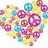 Pixelated cluster of overlapping circular shapes in pink, blue, and yellow hues with white highlights on a light background.
