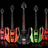 Pixelated image of six electric guitars with varied body colors against a black background, each with a dark neck and headstock.