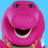 A pink cartoon dinosaur with a wide open mouth and dark eyes appears on the left side of a bright blue background, next to repeated text phrases in varying colors.