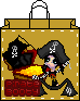 Pixel art of a pirate-themed shopping bag with a cartoon character holding a treasure chest, featuring text and symbols on the bag.