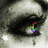 A grayscale close-up of a person's eye with dark eyeliner, showing two distinct iris states: one rainbow-colored and one blue-purple.