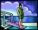 Animated sequence of a person in a green swimsuit performing a diving motion on a purple diving board against a blue sky with clouds.