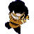 Pixelated character with black hair and orange-brown striped shirt in multiple poses against gray background.