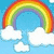 A static pixel art image with a rainbow, clouds, and pink text blocks on white background.