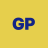 Blue 'GP' letters on a solid yellow background with pixelated edges and slight color bleeding.