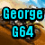 Pixelated image with cyan text reading "George G64 Loves Moto Cross" over a dirt bike scene.