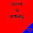 Red background with repeated text "love u emily" and blue triangular shapes containing red hearts, showing animation changes in heart visibility.