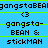 Static pixel art icon with blue background, green horizontal lines, and repeated text elements including 'gangstaBEAN' and 'stickMAN'.