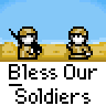 Animated contact sheet showing 12 frames of a pixel art icon with soldiers and falling projectiles, each frame labeled "Bless Our Soldiers" on gray background.