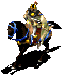 Animated sequence of a rider on a horse with blue reins, showing movement from left to right across frames.