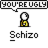 Animated contact sheet of a pixel art character performing various actions across 25 sampled frames, with text labels above some icons and the name "Schizo" below each icon on a gray background.