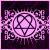 Pixelated icon with central geometric pattern surrounded by abstract shapes in purple and pink hues on dark background.