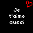 Black background with white pixelated text 'Je t'aime aussi' repeated twice and a red heart symbol above the left instance.