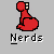 Red pixelated figure with rounded head and body, black outline, small square eyes on right side, white text 'Nerds' below on gray background.