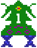 Four pixelated green alien figures with purple accents and blue legs, each displaying a different number or symbol on their chest.