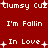 Red background with white pixelated text repeating 'I'm Fallin', 'In Love', and 'Clumsy Cuz' in a pattern, interspersed with small plus signs
