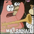 Pink cartoon character with large white eyes and black pupils, holding a golden trumpet to its mouth against dark background.