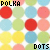 colorful polka dots with alternating text labels 'POLKA' and 'DOTS' in black pixelated font on a white background