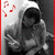 A grayscale figure in a hooded jacket with arms crossed, positioned against a dark background with red musical notes on the left side.