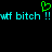 Green heart symbol above cyan text reading 'wtf bitch !! wtf bitch !!' on black background.
