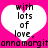 Two white heart shapes on a bright pink background, each containing the text "with lots of love." in black pixelated font.