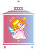 Pixelated angel icon with pink dress, blue wings, golden halo and wand inside gradient frame.