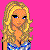 Pixel art of a blonde woman in a blue and silver dress with orange belt, standing against pink background; text reads "Wishin u were here".