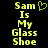 Yellow pixelated text reads "Sam Is My Glass Shoe" on black background with green heart symbol above Sam in left view.