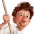 Pixelated cartoon character with brown curly hair, light skin, and a white shirt holding a wooden stick, smiling with wide eyes.