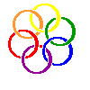 Six distinct arrangements of interlocking colored rings on a gray background, each ring a single solid color with no text or additional symbols.