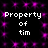 Pixelated text 'Property of tim' repeated across a black background with purple sparkles, displayed in two horizontal