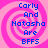 Four identical display blue text on a pink spiral background, each reading "Carly And Natosha Are BFFS" in pixelated font
