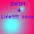 Pixelated text 'SWIM 4 Life!!!!! xoxo' on pink background with cyan light effects, animated light shifts.