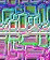 Animated contact sheet of 18 AIM buddy icon frames showing red geometric shapes and a pixelated character against a colorful circuit board background.