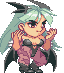 Pixel art character with teal hair and black wings in six poses showing hand gestures, clothing details, and facial expressions against gray background.