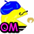 Yellow cartoon character with blue beret and mustache, wearing pink text 'OM' or 'NOM' over black outline, holding golden ring-like object, pixelated style.