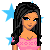 Pixel art of a female character in pink and purple clothing with long black hair, surrounded by blue stars and text reading "head over heels for i've fallen him!".