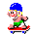 Pixelated character with blue helmet, green shorts, and red mouth on red platform; two poses show different arm positions.