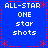 Blue background with red dotted border and star accents, displaying four identical of white pixelated text reading ALL-STAR ONE star shots
