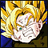 Pixelated static image of a character with spiky yellow hair and white facial features against dark blue and brown background elements.
